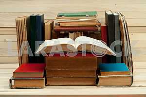 Stack of hardback books isolated on white background. Back to school. Copy space