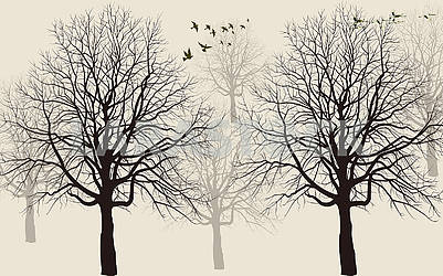 Бежевый фон, летящие птицы, черные и серые контуры деревьев										