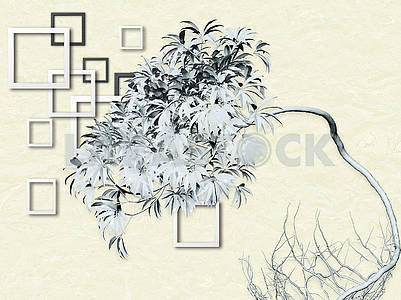 3d illustration, light background, white and gray square frames, fairy tree with roots
