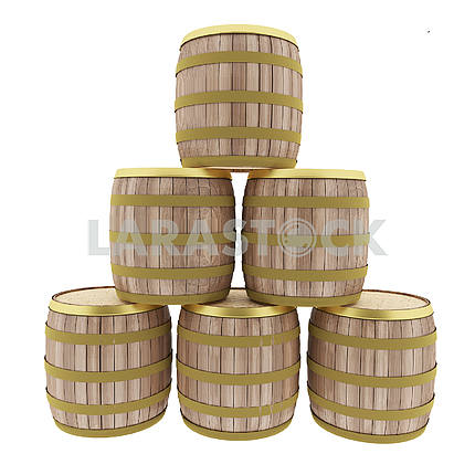 oak barrels set on isolated white in 3D illustration