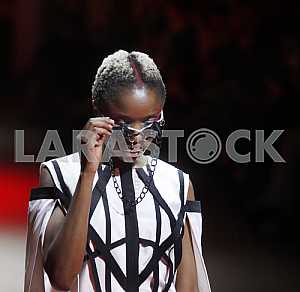The model in glasses demonstrates outfit by Ukrainian designer Kir-Khartley