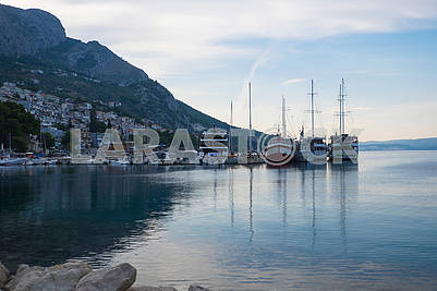 Ships in the bay of Makarska in the evening