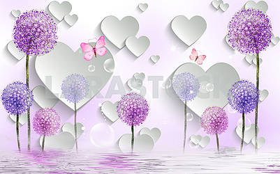 3д иллюстрация, светлый фон, белые бумажные сердечки, мыльные пузыри, блеск, разноцветные одуванчики, отражение в воде										