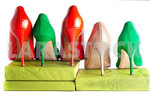 Bright, multicolored female shoes on high heels