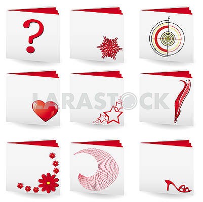 Набор папок с белыми обложками и красными страницами с разными знаками на обложке