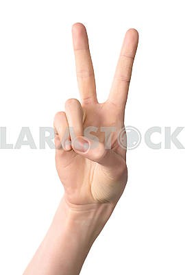 woman hand showing victory sign gesture, isolated on white backg