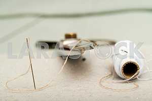 Carpenter tools on wooden table with sawdust. Circular Saw.