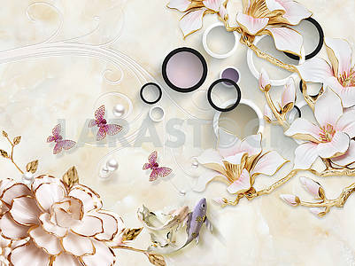 3д иллюстрация, бежевый мраморный фон, белые и черные кольца, розовые позолоченные цветы на золотых ветках, жемчуг, розовые бабочки