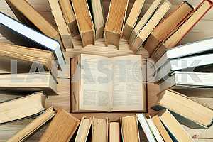 Stack of hardback books isolated on white background. Back to school. Copy space