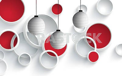 3d illustration, white background, white rings, red circles, three round gray shades hang from above