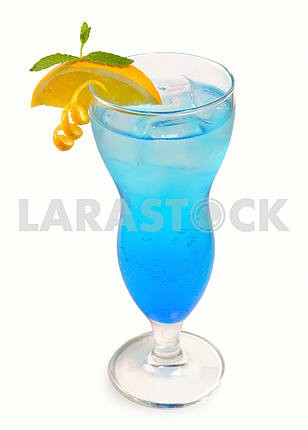 Blue cocktail with ice and orange