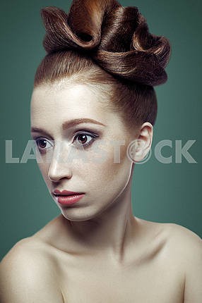 Beauty portrait of young women with red hair, dark brown eyes an