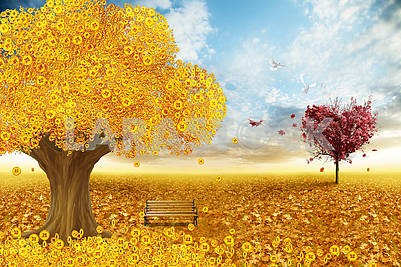 3D illustration, golden money tree, coins, autumn leaves, tree in the shape of a heart with red leaves, white doves flying up