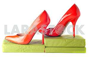 Bright, multicolored female shoes on high heels