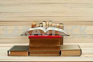 Stack of hardback books isolated on white background. Back to school. Copy space