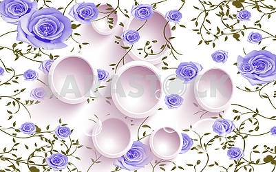 3d illustration, light background, light pink rings and blue roses