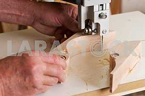 Carpenter tools on wooden table with sawdust. Circular Saw. Carpenter workplace top view