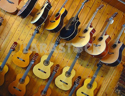 Guitars in shop of musical instruments