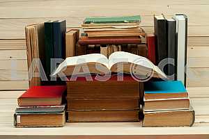 Stack of hardback books isolated on white background. Back to school. Copy space