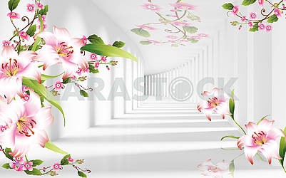 3d illustration, light background, tunnel, light and shade, pink and white lilies