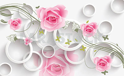 3д иллюстрация, белый фон, белые кольца и большие бутоны роз										