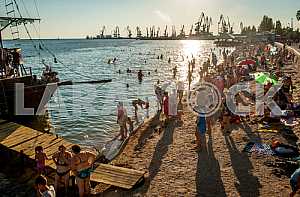 Holidaymakers on the beach in Berdyansk