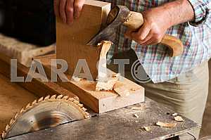 Carpenter tools on wooden table with sawdust. Circular Saw. Carpenter workplace top view