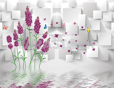 3d illustration, gray background, purple lavender flowers, rectangles, flying colorful butterflies, reflected in the water