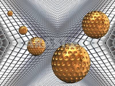 3D illustration, silver metal background, golden balls