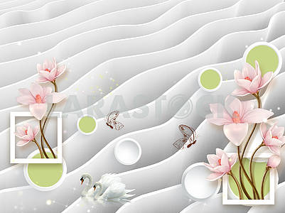 3д иллюстрация, серый волнистый фон, розовые цветы на позолоченных стеблях, зеленые и белые круги внутри белых колец, белые прямоугольные рамки, два белых лебедя, две коричневые бабочки										