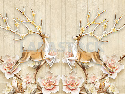 3д иллюстрация, бежевый фон, вертикальные доски, большие белые и розовые цветы на коричневых ветвях, два больших оленя с цветущими рогами										