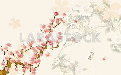 Spring background, painted cherry blossoms and birds