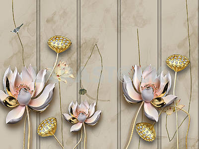 3d illustration, dark background, smoke, vertical stripes, bird, large pink and gold fabulous flowers on gilded stems