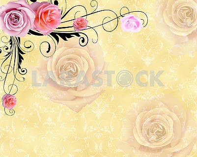 3д иллюстрация, винтажный бежевый декоративный фон с розами										