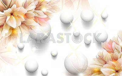 3д иллюстрация, белый фон с шарами, большие бежевые лилии										