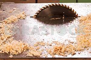 Carpenter tools on wooden table with sawdust. Circular Saw. Carpenter workplace top view