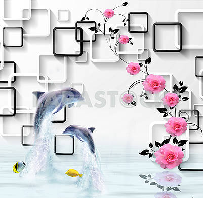 3d illustration, white background, white and black rectangular frames, pink roses on a black branch, two dolphins, two yellow fish, reflected in the water