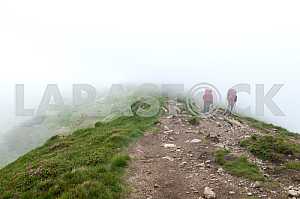 Two tourists with backpacks, go mountain ridge Chornohora