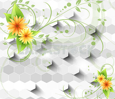 3d illustration, light background, gray hexagons, yellow-orange flowers