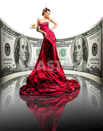 Красивая девушка в красном платье , деньги. 100 американских долларов