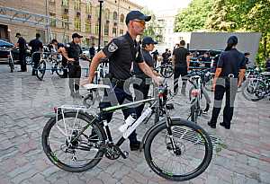 Handover ceremony of bicycle patrol police in Kiev