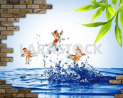 3д иллюстрация, голубая вода, золотые рыбки выпрыгивают из воды, куски кирпичной стены, зеленые листья										