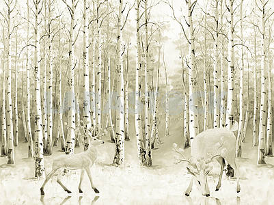 Пейзажная иллюстрация, зимний березовый лес, два рогатых оленя										